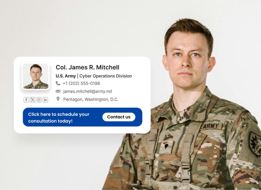 An email signature example of a military worker