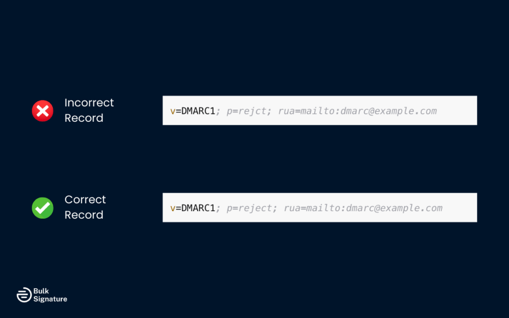DNS dashboard with incorrect and corrected DMARC record syntax highlighted